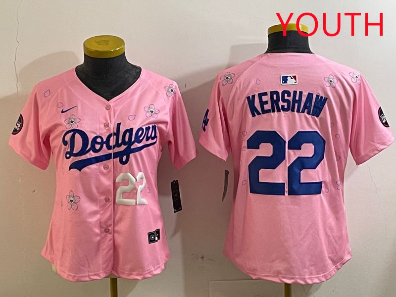 Youth Los Angeles Dodgers 22 Kershaw Pink White Blue Sakura Edition 2025 Nike MLB Jersey style 4
